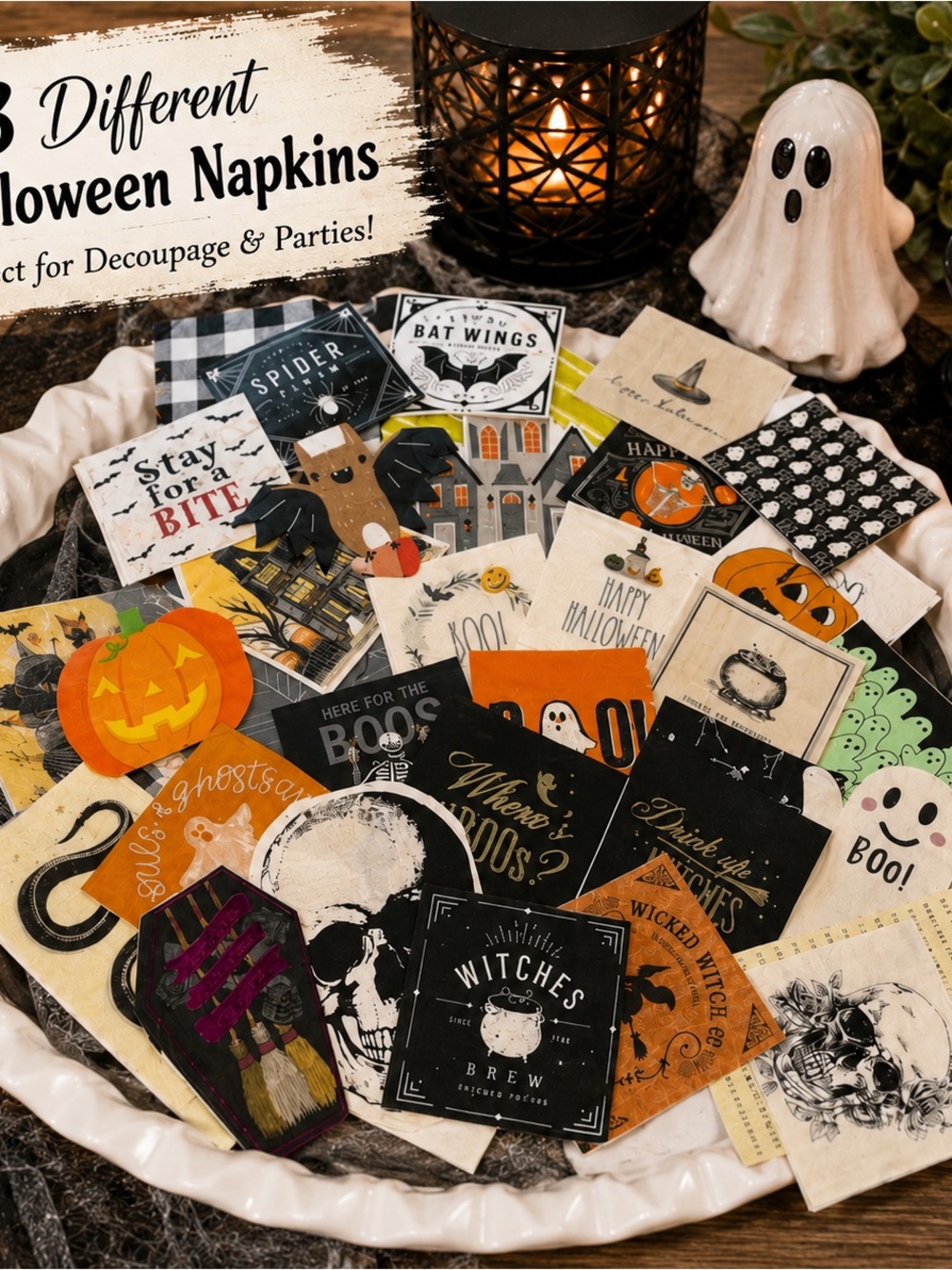 An assortment of 33 different napkins for Halloween entertaining